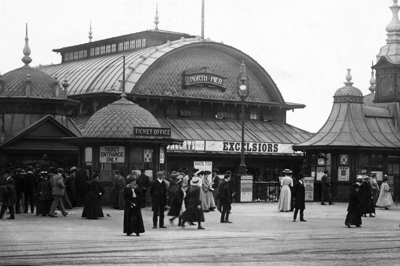 The entrance to North Pier in July 1909 showing the 1903 pavilion, which was modernised in 1965