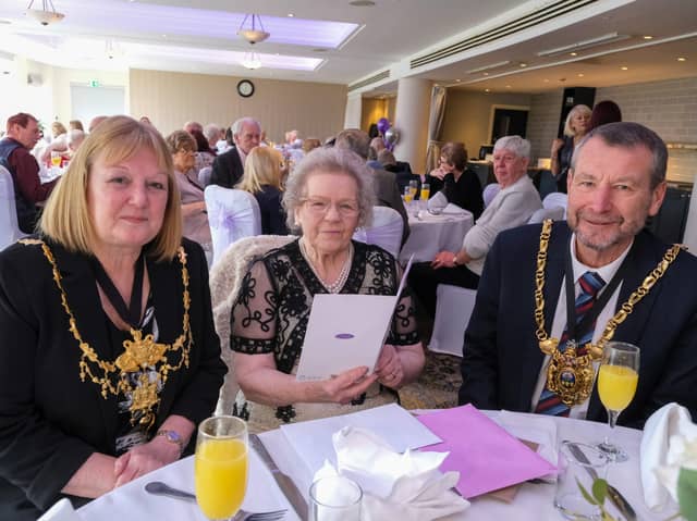 Violet Garratty, aged 92, with the Lord Mayor Colin Ross (right) and Lady Mayoress, Susan Ross. (Photo courtesy of Dean Atkins)
