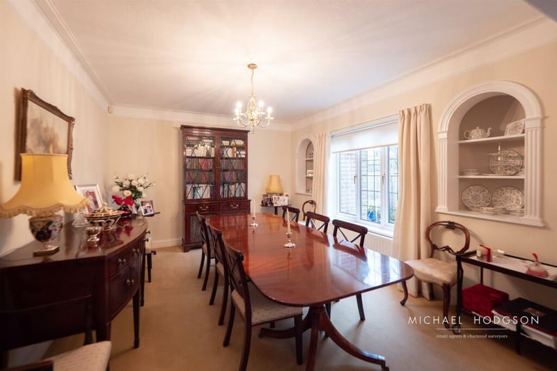 The dining room is spacious and ideal for hosting family meals.