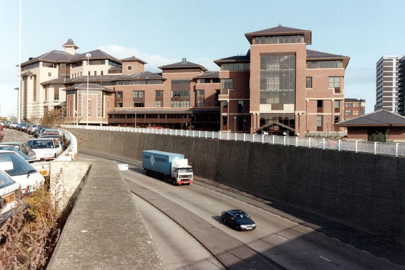 Looking across Claypit Lane on to Lovell Park headquarters of the Leeds Permanent Building Society. This merged with the Halifax in 1995 to become The Halifax PlC Bank.