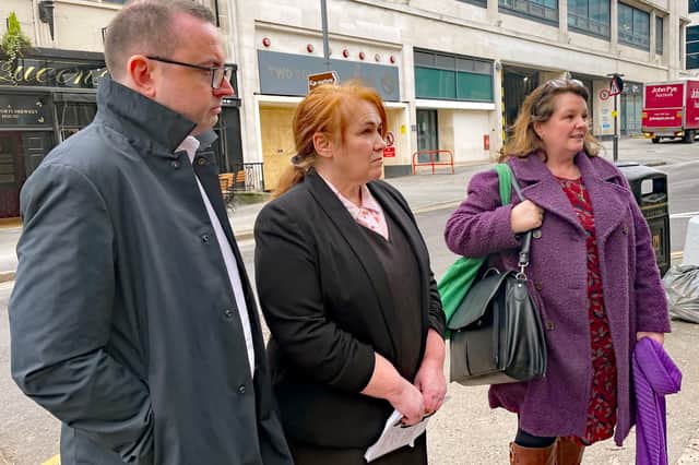 Joanne Billington (centre), whose son Jacob was killed by Zephaniah McLeod, speaks to the media outside Birmingham Coroners' Court, alongside Anne Callaghan (right), whose son Michael was seriously injured in the same attack. Picture date: Friday March 8, 2024. PA Photo. See PA story INQUEST Birmingham . Photo credit should read: Stephanie Wareham/PA Wire