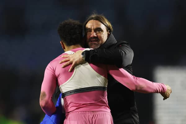 Daniel Farke, Manager of Leeds United, and Georginio Rutter of Leeds United celebrate following the team's victory in the Sky Bet Championship match between Sheffield Wednesday and Leeds United at Hillsborough on March 08, 2024 in Sheffield, England. (Photo by Ed Sykes/Getty Images)