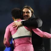 Daniel Farke, Manager of Leeds United, and Georginio Rutter of Leeds United celebrate following the team's victory in the Sky Bet Championship match between Sheffield Wednesday and Leeds United at Hillsborough on March 08, 2024 in Sheffield, England. (Photo by Ed Sykes/Getty Images)