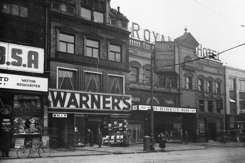 Shops on Briggate, from left, are Watson Cairns, Direct Woollen Co, Royal Hotel, Lamberts Chambers. Entrance to Bowers Yard and Whip pub can also be seen. Pictured in March 1936. 