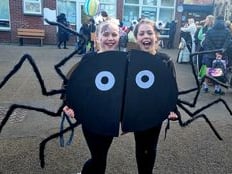 Ruby & Alice, both age 10, as the spider in Charlotte's Web. Photo Clare Yates