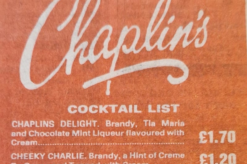 There were some choice offers on the cocktail list at Chaplins in 1984.
How about a Chaplins Delight for £1.70, a Cheeky Charlie for £1.20, a Roaring Twenty for £1.20 or a Silent Movie for £1.30.
