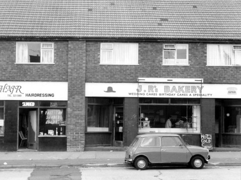 J. R's Bakery, on Chaucer Road, Parson Cross, Sheffield, in July 1986, beside Fashion and Fl-Hair hairdressers