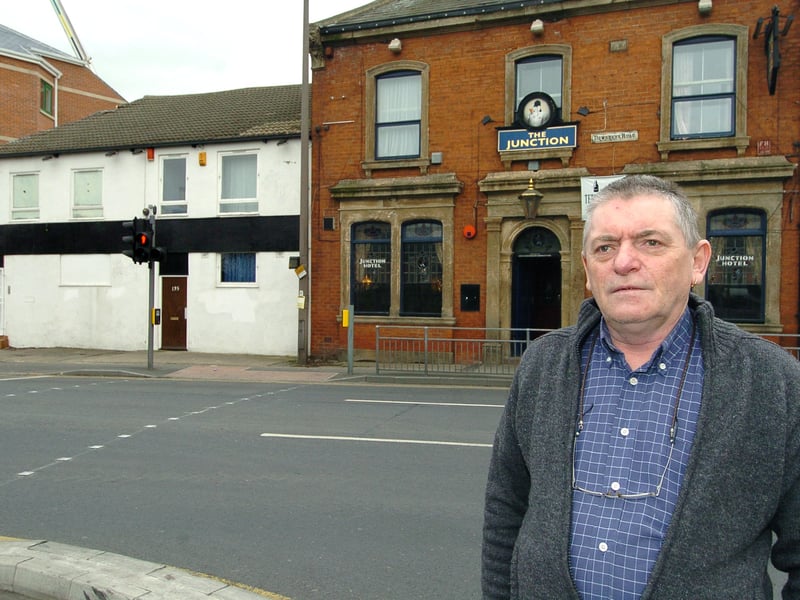 Landlord Alexander Hand outside the Dewsbury Road boozer in February 2005.