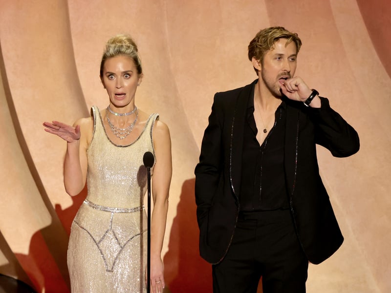 Despite now being co-stars in the upcoming action/comedy The Fall Guy, Emily Blunt and Ryan Gosling kept the Barbenheimer feud alive before the show took a moment to recognise the stunt community in Hollywood. 
