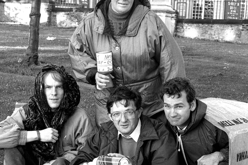 Three Sunderland men camped outside Holy Trinity Church, Southwick, for National Sleep Out Week in 1990. 
Salvation Army Captain David Bailey, centre, was joined by church officer Barry Hobson, right Peter Daley and Joyce Parkin.