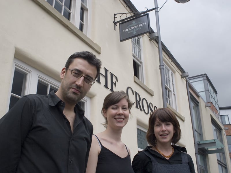 The Cross Keys landlord John Gyngell with staff Joanne Severn and Pascale Gayford. Pictured in August 2005.