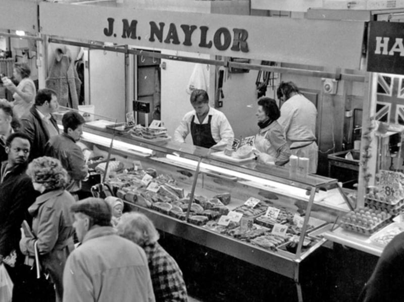 J. M. Naylor butchers stall at Sheffield's Castle Market in August 1988