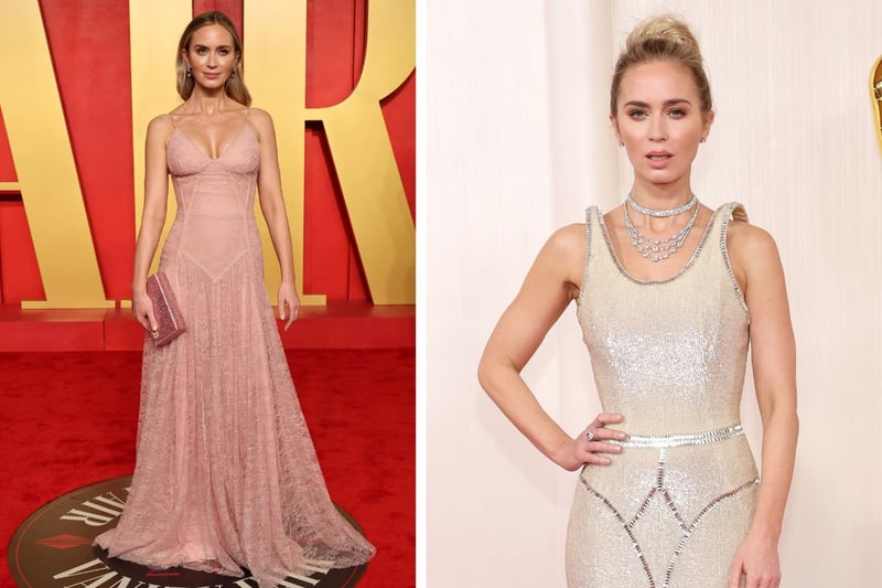 Emily Blunt switched from her sparkling silver Schiaparelli dress into a vintage pink slip dress (Getty) 