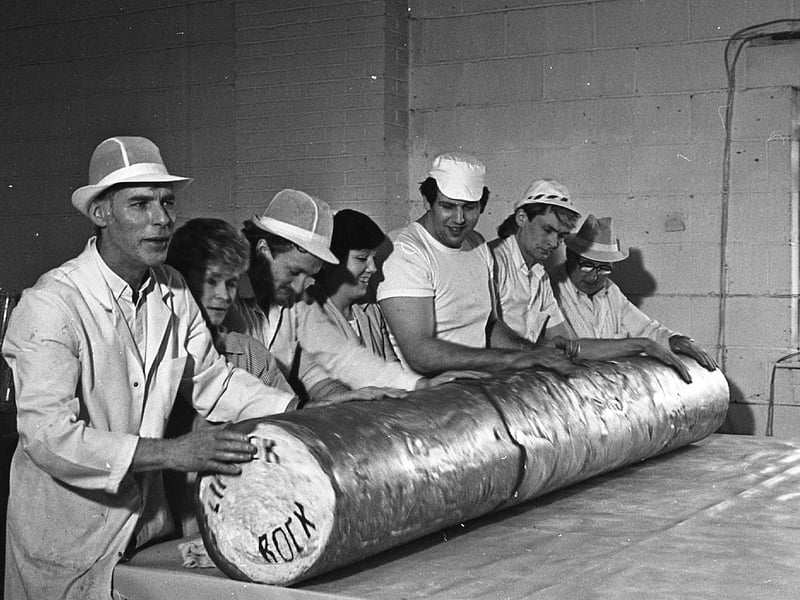 This giant stick of candy was a rock solid record. The 500lb monster was set to enter the Guiness Book of Records as the largest rock around. Nine feet, two inches long and 14 1/2 inches thick, the rock rolled off the production line at Blackpool's Fylde Confectionery Company after a marathon cooling session