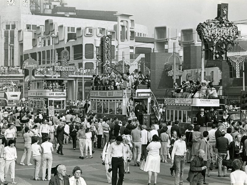 A view of the promenade crowds and  historical trams near Coral Island during the Tramway Centenary celebrations in 1985