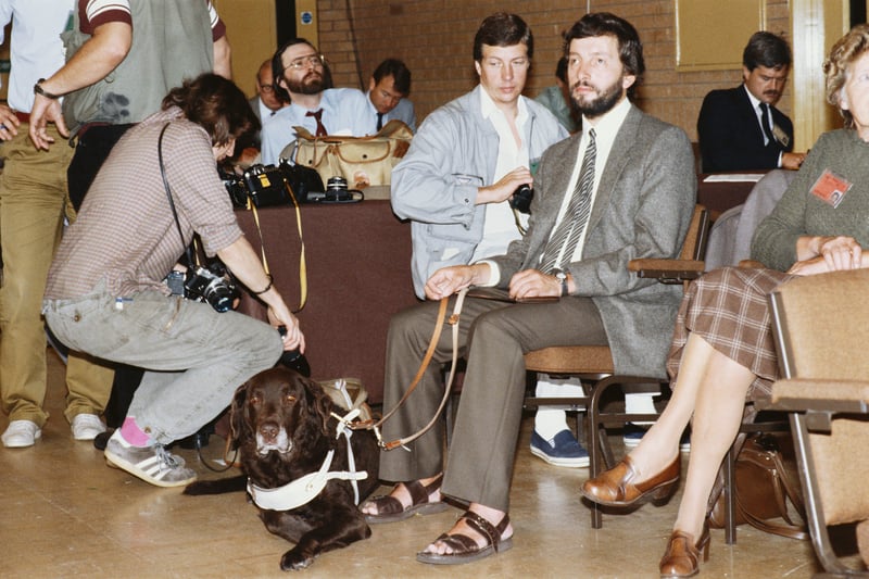 Sheffield City Council leader David Blunkett with his guide dog at the British Labour Party conference, in Blackpool, 1985