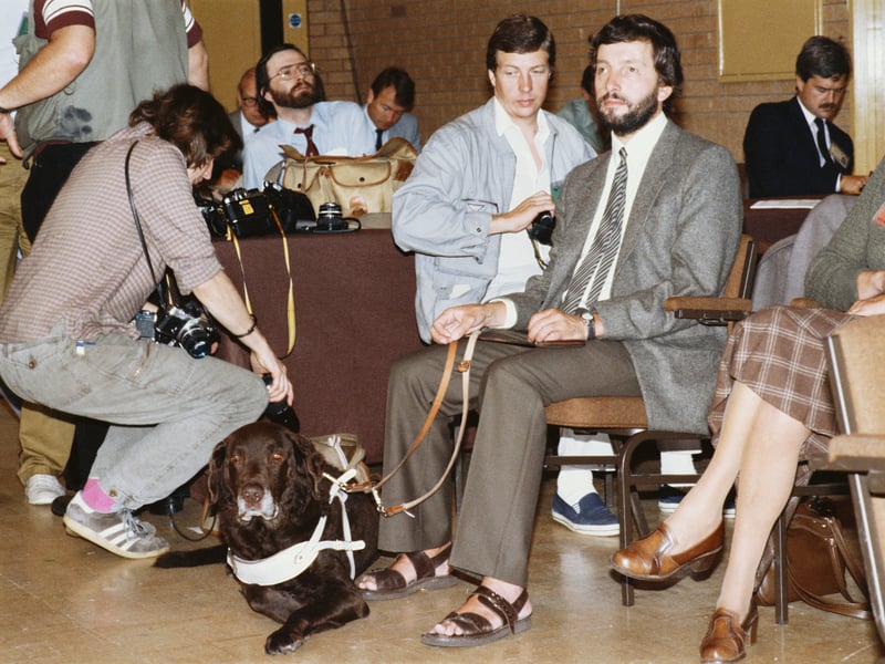 Sheffield City Council leader David Blunkett with his guide dog at the British Labour Party conference, in Blackpool, 1985