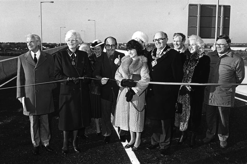 Blackpool link road, watched by civic officials.
The road follows the old railway line to the site of Central Station and is named after Lancashire County Council surveyor Harry Yeadon (far left), it was opened on the 3rd January 1986