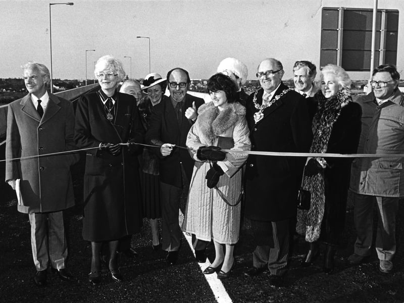 Blackpool link road, watched by civic officials.
The road follows the old railway line to the site of Central Station and is named after Lancashire County Council surveyor Harry Yeadon (far left), it was opened on the 3rd January 1986