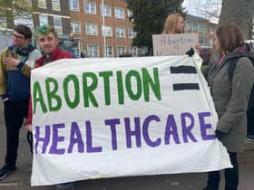 Abortion = Healthcare: Sign held at pro-choice demonstration at the Royal Hallamshire Hospital, Sheffield.