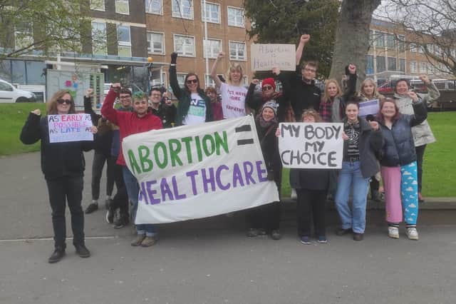 'My body my choice': Sign held at pro-choice demonstration at the Royal Hallamshire Hospital, Sheffield.