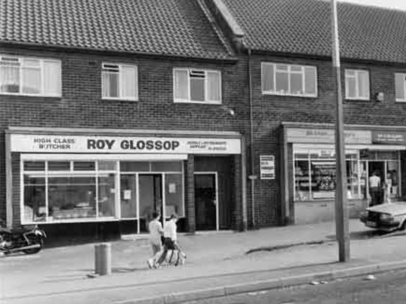 Shops on Green Gate Lane, High Green, Sheffield, in 1985, including Roy Glossop butchers