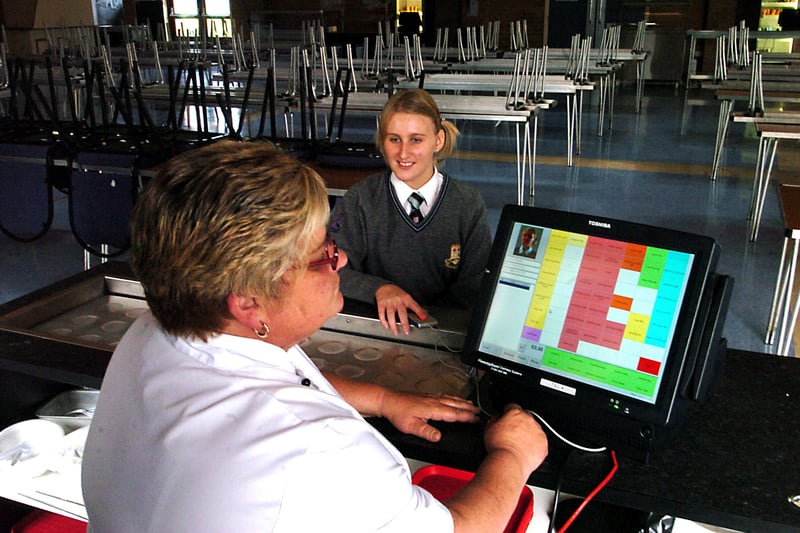 Catering manager Jill Gardiner and pupil Megan Lawson use the new cashless catering system at Morley High School in September 2007.