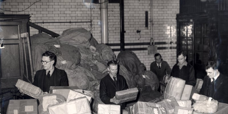 Christmas parcels being sorted at Sheffield General Post Office in November 1952