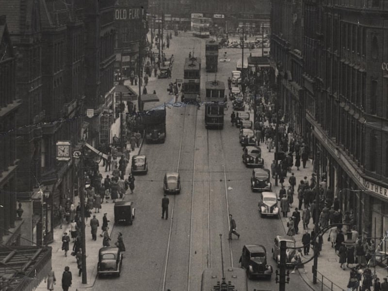 Trams on Fargate, Sheffield city centre, in 1952