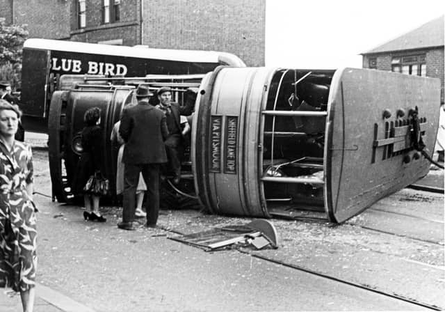 The aftermath of a crash involving a tram and a lorry at the bottom of Derbyshire Lane, Meersbrook, in July 1950
