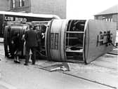 The aftermath of a crash involving a tram and a lorry at the bottom of Derbyshire Lane, Meersbrook, in July 1950