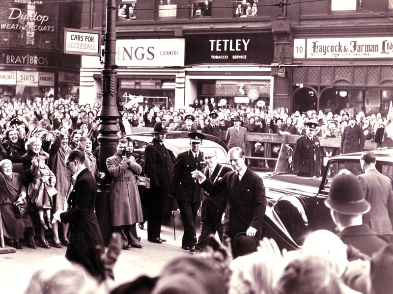 The Duke of Edinburgh arriving at Sheffield Town Hall, on Pinstone Street, after opening the B.I.S.R.A. Laboratories in 1953