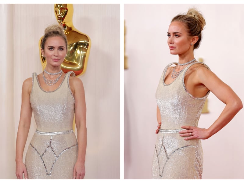 Why oh why did Emily Blunt's stylist choose this gown for the 2024 Oscars? Everything about the Schiaparelli dress didn't work. From the straps that didn't touch her arms to the 'floated neckline' and the outline of what appeared to be men's boxer shorts around her pelvis! It was most certainly a fashion disaster!