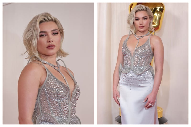 Corsets are in fashion, but I still was not a fan of Florence Pugh's Del Core outfit. The dress featured a sculptural corset with peplum detail but it wasn't flattering and I wasn't keen on the Serpenti wraparound diamond necklace from Bulgari either