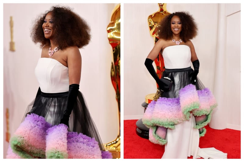I liked Erika Alexander's opera style gloves, but was not a fan of the black, purple and green tutu-style skirt that she wore over what could have been a chic white dress