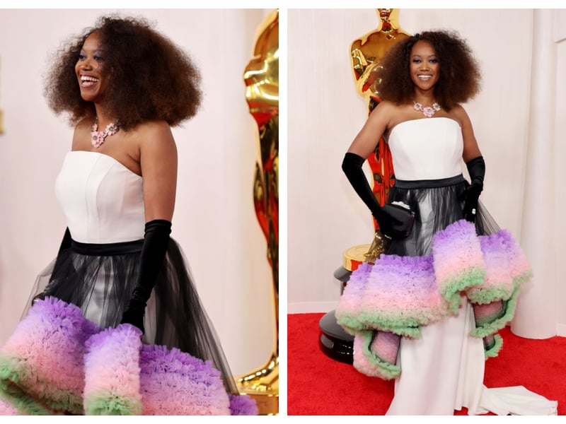 I liked Erika Alexander's opera style gloves, but was not a fan of the black, purple and green tutu-style skirt that she wore over what could have been a chic white dress
