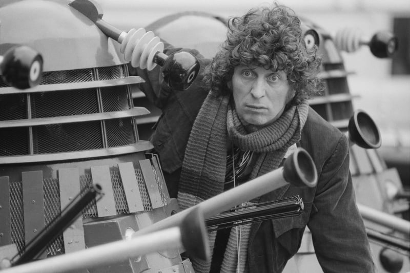 Liverpool-born actor Tom Baker is best known for his leading role in Doctor Who. Here is pictured with the daleks in 1975 - age 41.