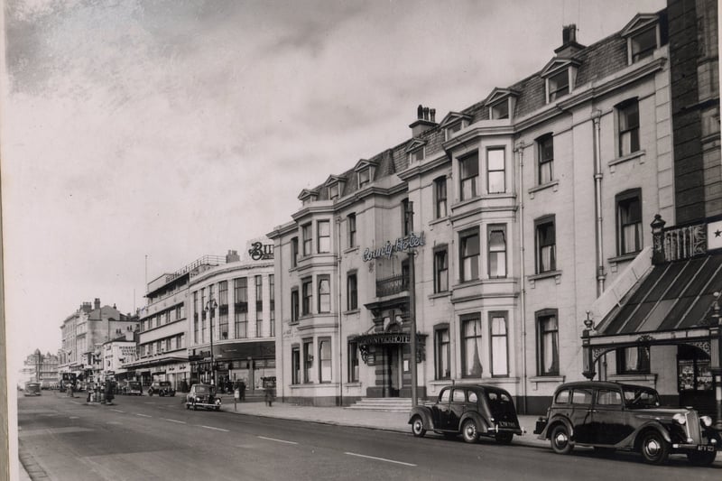 The County Hotel on the corner of the Promenade and Church Street in the 1950s and to the right is part of the glass canopy of The Palace Theatre