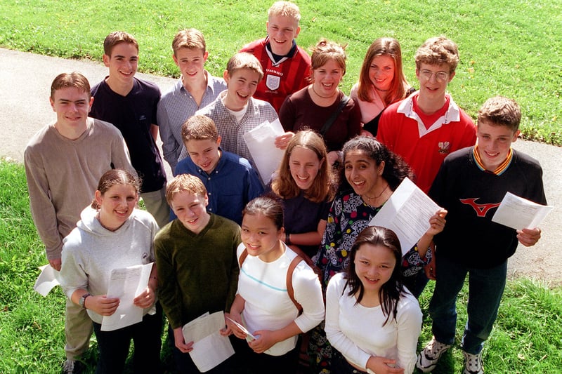 Some of the 29, Year 10 pupils from Roundhay School who took their GCSE Maths a year early with 15 scoring  grade A's and 4 A*. Pictured in August 1999  are Ben Wilson, Sam Watson, Lisa and Angela Shui, Oliver Rudland , Grag Roberts, James McPhee, Harriet Jackson, Rob Hudson, Chris Harris, Emily Coggin, Charlotte Dodey, Kirsten Claidan-Yardley, Alex Bourne, Adam Bond and Tanzia Arif.