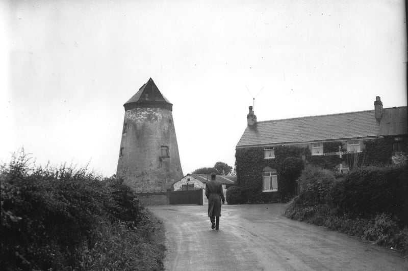 A somewhat forlorn view of Staining Windmill, Mill Lane, from Smithy Lane in the late 1950s
