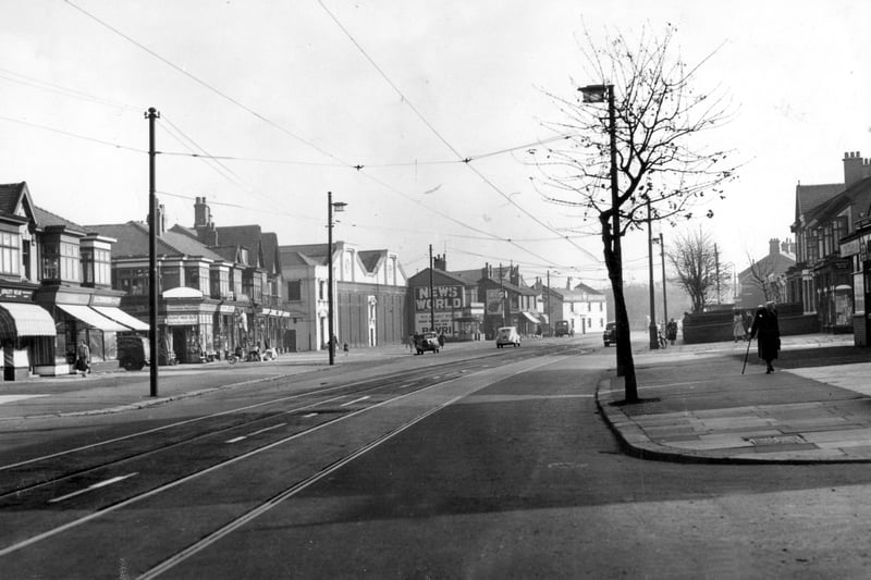 Trams still ran along Whitegate Drive and the tram depot is clear where Tesco Express and petrol station stand today