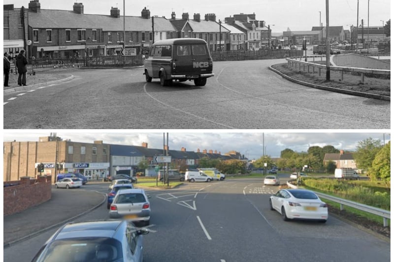 Shiney Row roundabout in 1974 and again in September 2023.