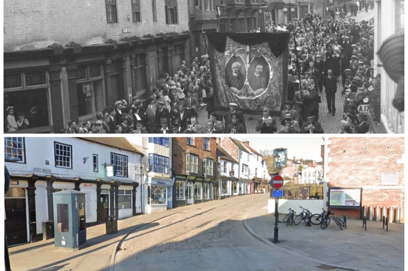 A 1952 view of Easington Lodge marching over the bridge at the Miners Gala, and the same scene in April 2023 courtesy of Google Maps.