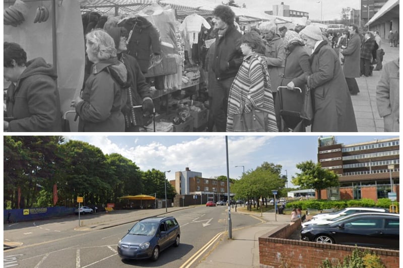 How Bede Way looked on market day in November 1982, and in this Google Maps view from 2022.