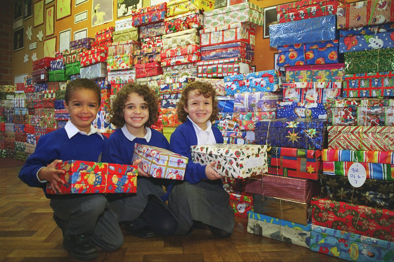 Pupils at Talbot Primary School collected shoe boxes in aid of the Yorkshire Post Appeal in November 1999.
Pictured, from left, are  , Oliver Jackson, Emily Pickett  and Rachel Whitaker.