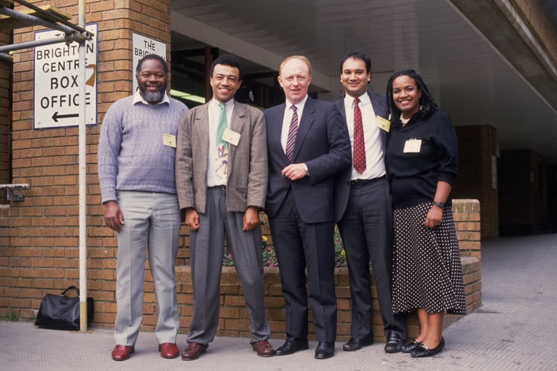 Leader of the Labour Party Neil Kinnock with the first four Black Labour MPs to be elected, (l-r) Bernie Grant, Paul Boateng, Keith Vaz and Diane Abbott.