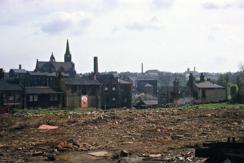 Looking towards Bank Street from Jackson Lane and across Webster's Yard after the whole area had been cleared of slum housing in April 1963 Through the centre of the picture is a view to Troy Hill and the old Carriers Arms is still standing. 
