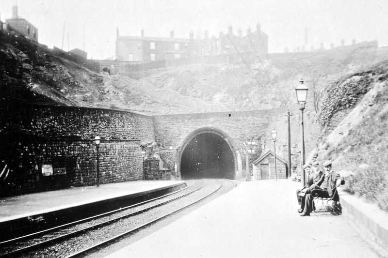 The entrance to Morley Tunnel taken from the Leeds platform of Morley Low Station. The isolated building in the top left hand corner is the Gillroyd Hotel. Pictured in 1895.