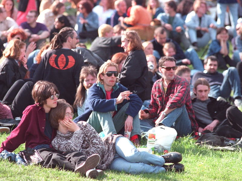 Crowds relax in the sun on Devonshire Green
