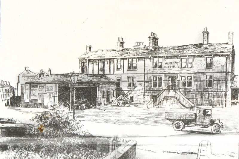 Drawing of the White Hart Hotel on Wakefield Road, Adwalton, and its surroundings circa 1930s The artist's name looks like S. Hollinshead. Built during the 1500s, the White Hart was the location of annual Horse and Cattle Fairs dating back to 1577 when a charter was granted by Queen Elizabeth I. The pub was demolished in 1964.
